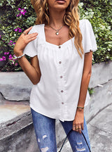 Elegant Square Solid Color Collar T-shirt