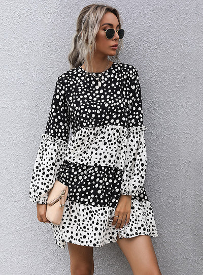 Dot Scoop Printed Long Sleeve Dress