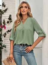 Loose Solid Color V-neck Seven-quarter Sleeve Top