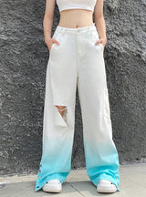 Blue Gradient Ripped Straight Pants Jeans