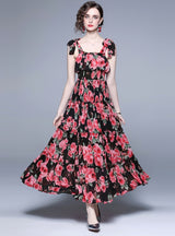 Black Retro Rose Sling Dress