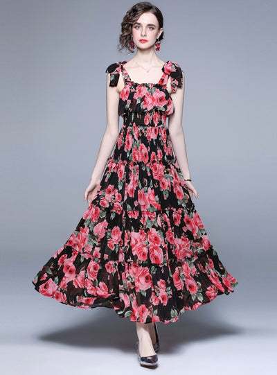 Black Retro Rose Sling Dress