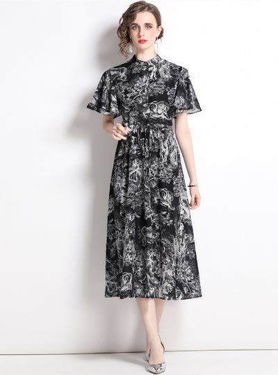 Printed Shirt Lapel Short Sleeve Slim Dress