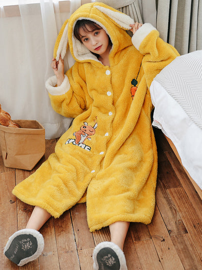 Yellow Carrot Rabbit Coral Fleece Pajamas Extended Bathrobe