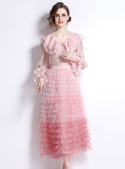 Pink Ruffled Top+Mesh Layer Cake Skirt Suit