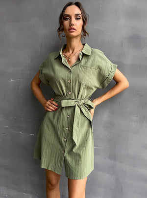 Collar Tie Short Sleeve Shirt Cotton Linen Dress