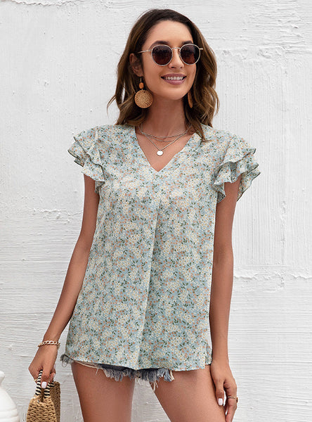 Loose V-neck Lotus Leaf Sleeve Printed Chiffon Shirt