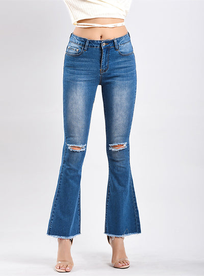 Cowboy Flared Trousers Holes Burrs Jeans