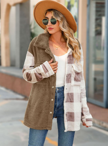 Plush Lapel Long Sleeve Spliced Flannel Plaid Coat