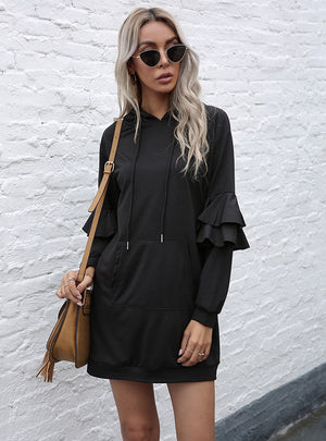 Solid Color Long Sleeve Hooded Black Dress