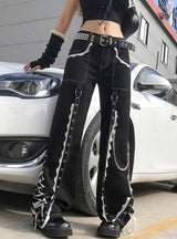 Straight Lace Stitching Ribbon Chain Jeans