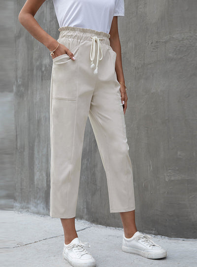 Middle Waist Elastic Drawstring Pocket Pants