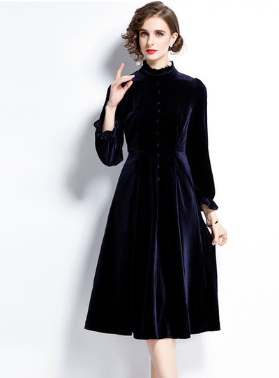 Velvet Wooden Ear Collar Mid-length Dress