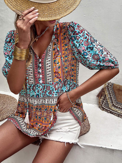 Fringed V-neck Printed Casual Shirt