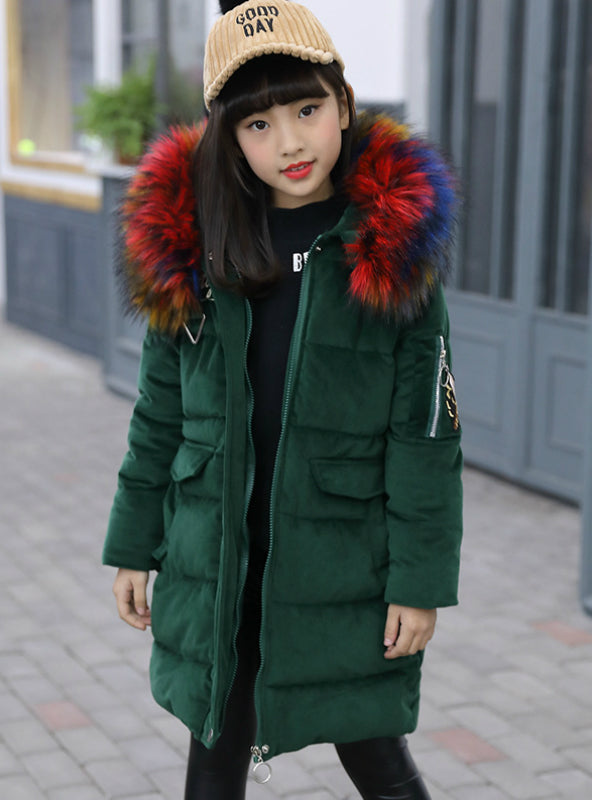 2023 Winter Jacket Girl Coat Purple Cute Hooded Colored Fur