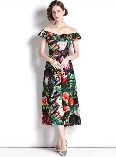 Lotus Leaf Floral Waist Slim Print Dress