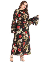 Round Neck sleeve tie printed dress long skirt