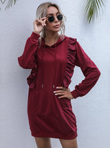 Long Ruffled Stitching Long Sleeve Hoodie Dress