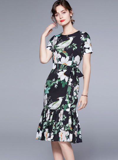 Round Neck Short Sleeve Flower Bird Print Dress