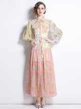 Lapel Lantern Long Sleeve Vintage Print Dress