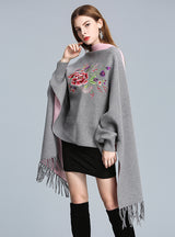 Embroidered Tassel Knitted Shawl Cloak Bat Sleeve