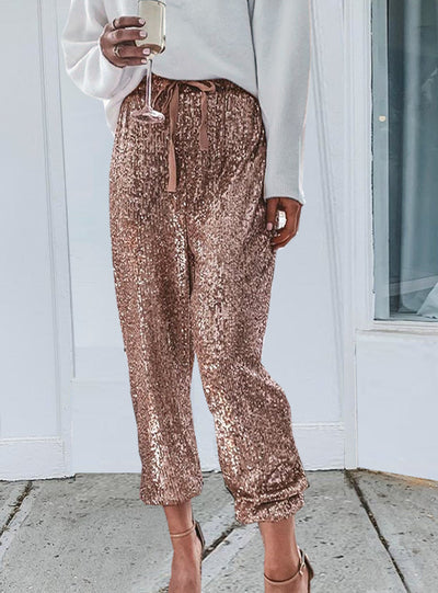 Lotus Leaf Sequins Drawstring High Waist Pants