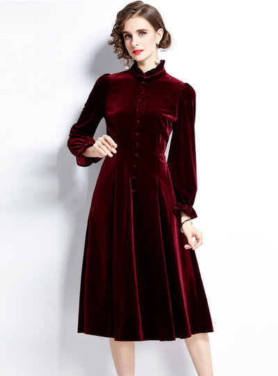 Autumn Winter Long Sleeve Button Velvet Dress