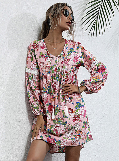 Pullover V-neck Printed Long Sleeve Dress