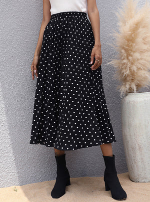 Pleated Polka-dot Elastic Waist Skirt