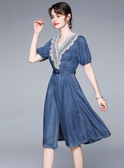 Lace Short Sleeve Loose Denim Dress