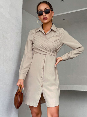 Wrapped Long Sleeve Lapels Dress