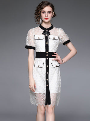 Short Sleeve Lapel Slim Lace Dress