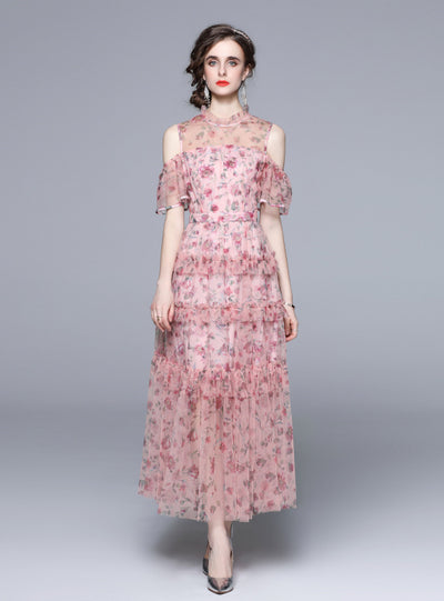 Short-sleeved Chiffon Floral Cake Dress