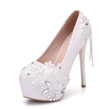 White Lace Rhinestone Pearl Wedding Shoes