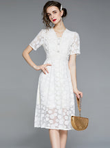 V Neck Lace Short Sleeve Long Dress