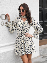 Drawstring V-neck Flared Sleeve Floral Printed Chiffon Dress