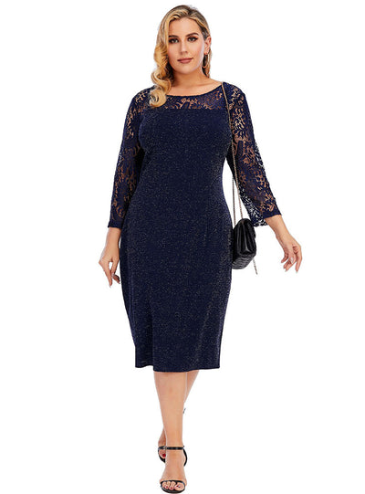 Flower Hollow Bright Silk Crewneck Lace Dress