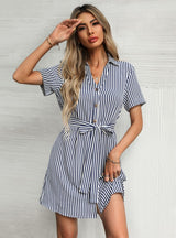 Striped Lapel Short Sleeve Tie-up Shirt Dress