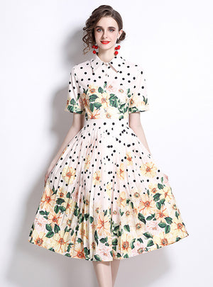 Retro Printed Lapel Short Sleeves Polka Dot Dress