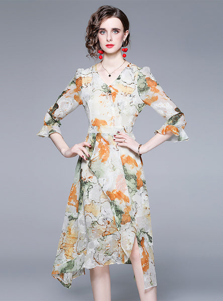 V-neck Chiffon Print Long Sleeve Dress