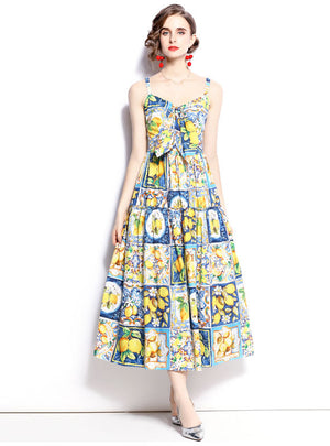 Lemon Printed Bow Slim Sling Dress