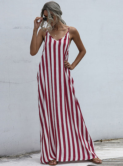 Summer V-neck Loose Striped Sling Dress