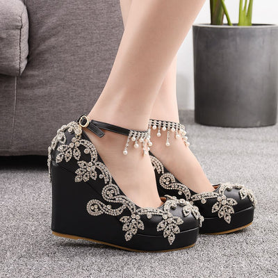 Beaded Tassel Round Toe High Heels Wedding Shoes