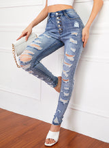 Holes Slim Body Elastic Pencil Pants Jean