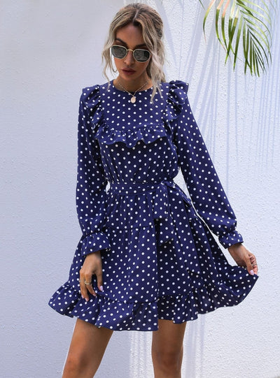 Lotus Leaf Stitching Retro Polka-dot Long Sleeve Dress