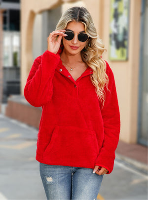 Dark Red Long-sleeved Pullover Fleece Loose Top