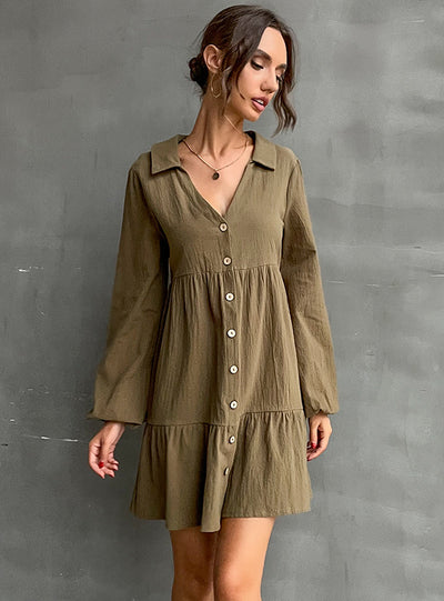 Lapel Long Sleeve Button Shirt Dress