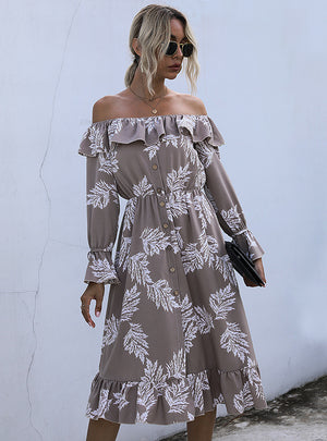 Long Sleeve Printed Flounce Dress