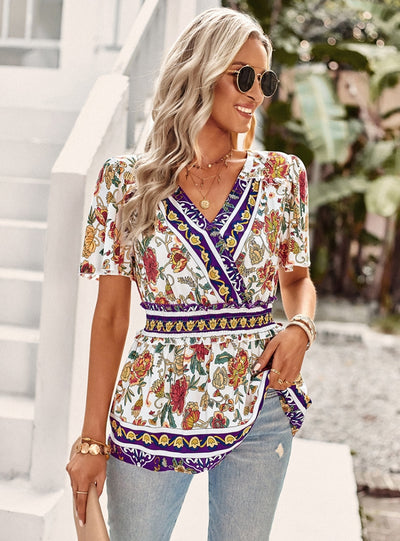 Retro V-neck Short Sleeve Printed Shirt