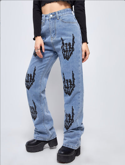 Women Printed Loose-leg Pants Jeans